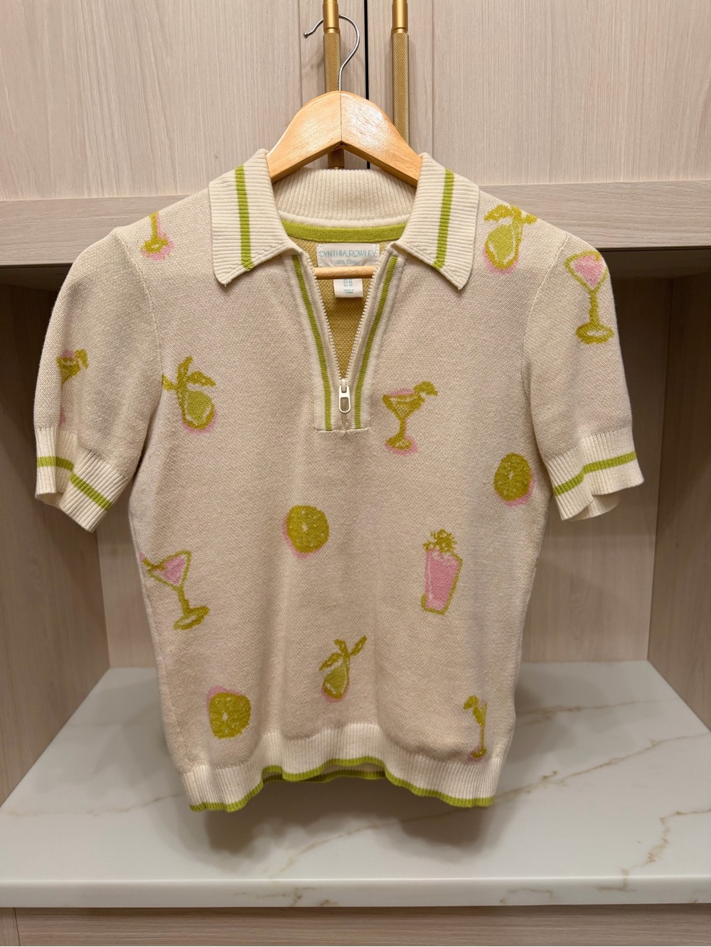 Cynthia Rowley Cream Zip Polo Sweater with Pink & Lime Cocktail Motifs